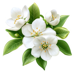 White apple blossoms with green leaves