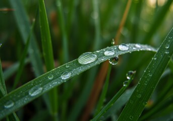 Photo Of Wet Green Leaf With Dew Droplets And Fresh Green Grass Background