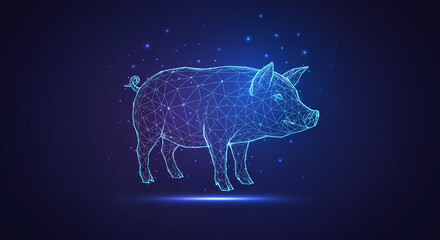 A polygonal pig illuminated with blue light standing on a dark blue background with glowing particles