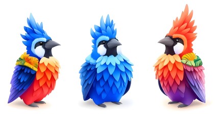 Fototapeta premium Three stylized, plump birds in vibrant hues of blue, red, and orange, with textured feathers and small floral accents on their chests, set against a white background