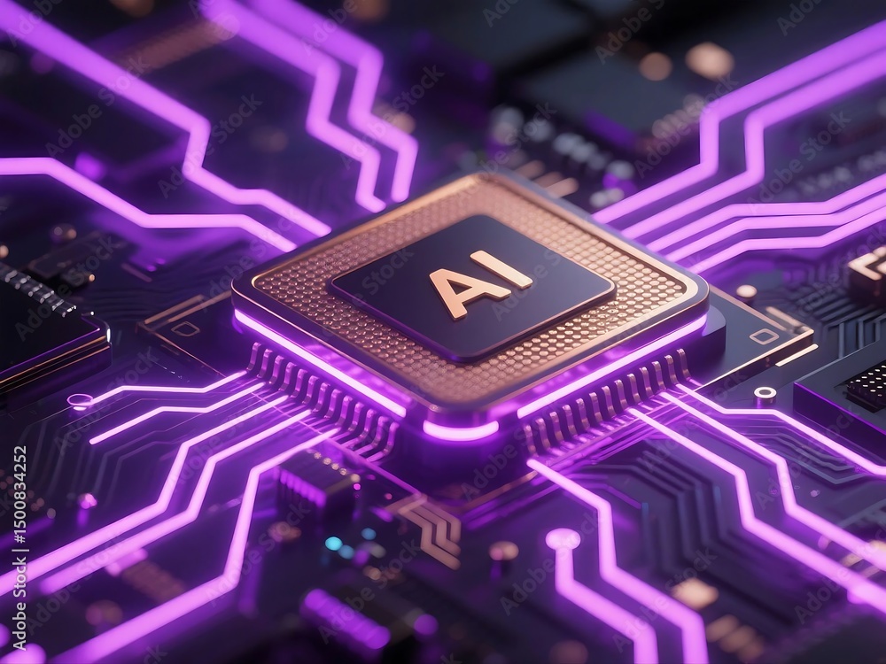Poster 3d render of ai chip with violet glowing circuits