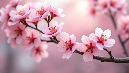 Obraz premium Pink cherry tree blossoms bloom beautifully on a branch, showcasing the delicate floral beauty of spring nature