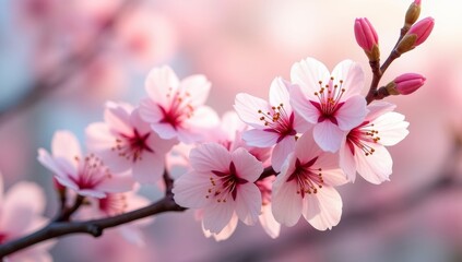 Obraz premium Pink cherry tree blossoms bloom beautifully on a branch, showcasing the delicate floral beauty of spring nature