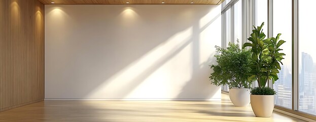Fototapeta premium Sunlit empty room, city view, plants. Interior design