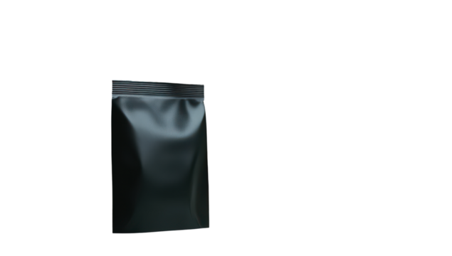 Dark gray, sealed plastic bag against black background