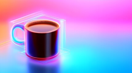 A dark mug of coffee sits on a reflective surface, encased in a vibrant neon pink, blue, and purple geometric frame against a gradient background