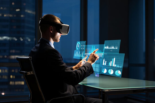 Businessman using virtual reality headset to analyze financial data