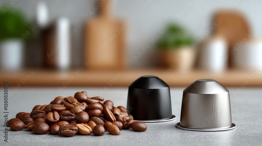Poster two coffee pods sit on a counter with a pile of coffee beans. the beans are scattered around the pod