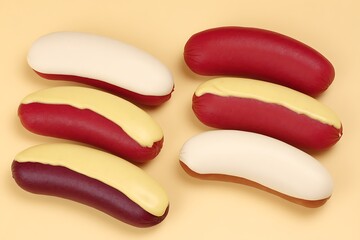 Collection of colorful rubber sausages toys