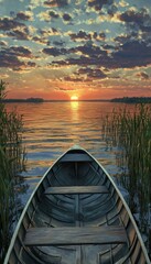 Obraz premium Sunset over tranquil lake from a rowboat