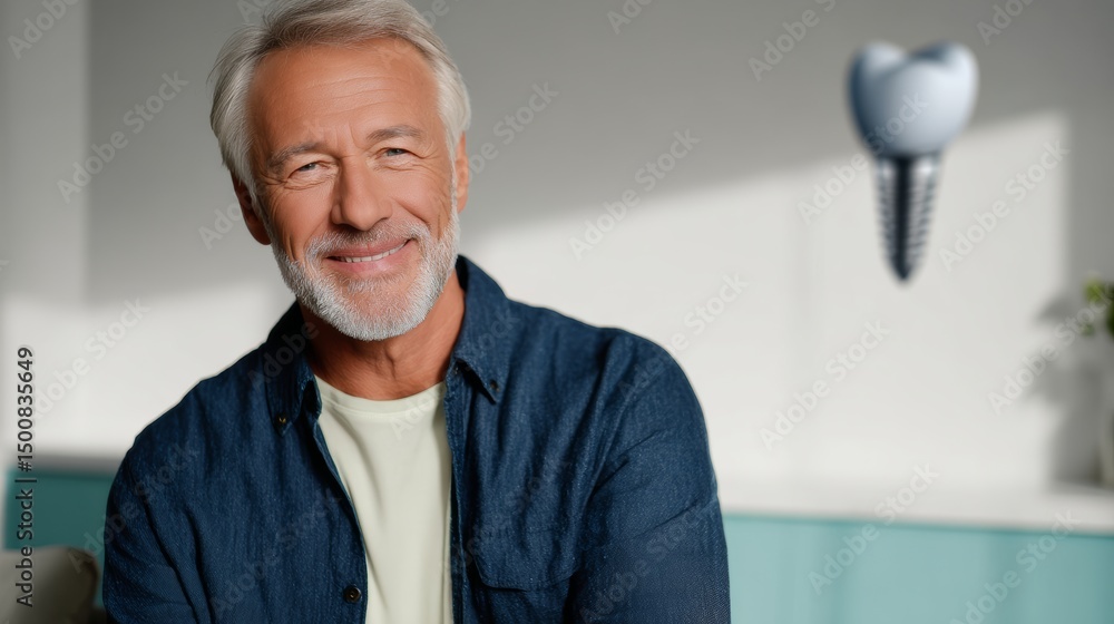 Poster man with a tooth missing is smiling. a tooth is in the background. the man is sitting on a couch