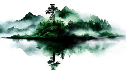 Obraz premium Misty mountain isle reflected in serene water, lush green foliage, painterly style