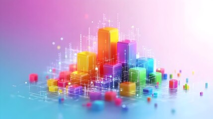 Vibrant, multicolored 3D blocks forming a dynamic, data-driven cityscape on a soft gradient background