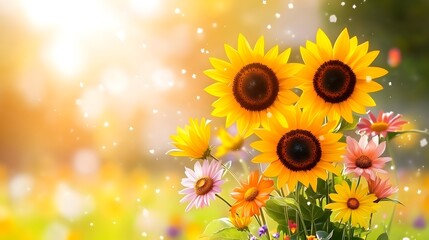 Vibrant sunflowers and assorted blooms bask in a sun-drenched, bokeh-filled field, sparkling with gentle light