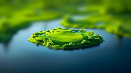 Serene island green golf putting surface on tranquil water, lush vegetation, sunlit, blurred background