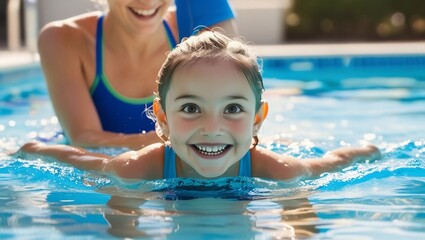 Joyful Little Girl Learning to Swim with her Mom on Sunny Summer Day