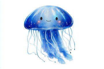 Watercolor illustration of cute blue jellyfish with smiling face