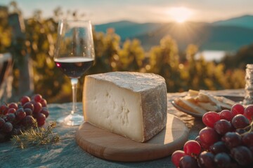 Wine and cheese setup outdoors, grapes and bread accompany, landscape backdrop, sunny day