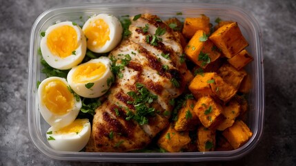 Balanced meal prep box with grilled chicken boiled eggs and roasted sweet potatoes