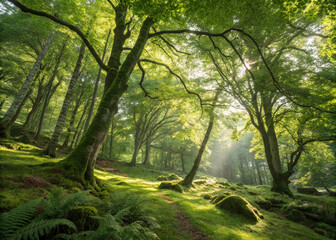 Fototapeta premium A lush green forest through the leaves with sunlight shining