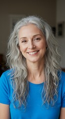 Photo Of Smiling Woman With Gray Hair Wearing Blue Shirt Indoor Portrait