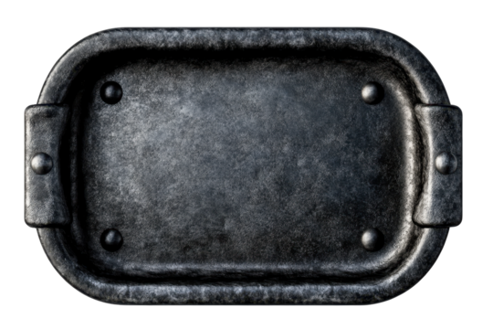 Dark gray metal plate with handles and rivets