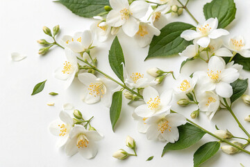 Obraz premium Delicate White Jasmine Flowers Cluster on Crisp White Background, Floral Flat Lay with Soft Petals and Yellow Stamens, Botanical Still Life for Wedding Invitations, Beauty Products, Spring Decor, Natu