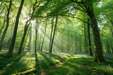 Obraz premium A lush green forest through the leaves with sunlight shining