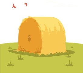 Flat Vector Illustration of Round Hay Bale on Grass Field with Flying Birds and White Background