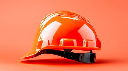 Bright orange hard hat angled on coral background, showcasing its smooth, glossy surface and black chin strap
