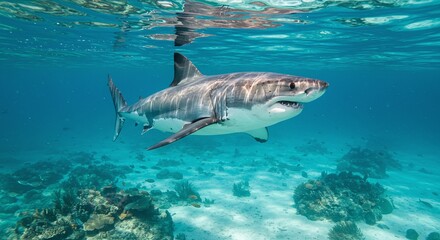 Great White Shark Swimming Underwater in Ocean