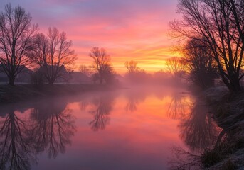 Obraz premium Photo of Sunrise Over River Reflecting Colorful Sky with Trees and Fog