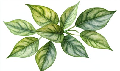 Obraz premium Green variegated leaves, botanical illustration, white background, home decor