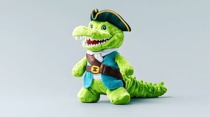 Fototapeta premium A lime-green plush crocodile toy, wearing a blue pirate costume complete with a tricorn hat and brown belt