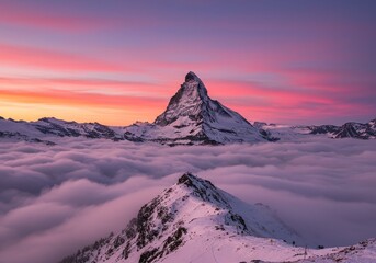 Naklejka premium Photo Snowy Mountain Peaks At Sunset With Pink Clouds And Golden Horizon
