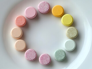 Obraz premium A collection of multivitamin tablets arranged in a circle on a white plate