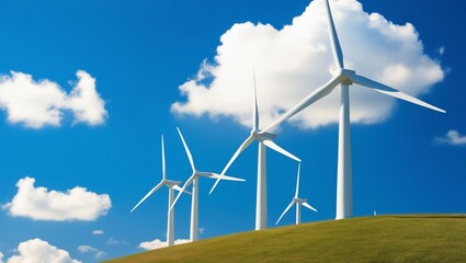 Wind Turbines on a Green Hill Against a Vibrant Blue Sky with Clouds
