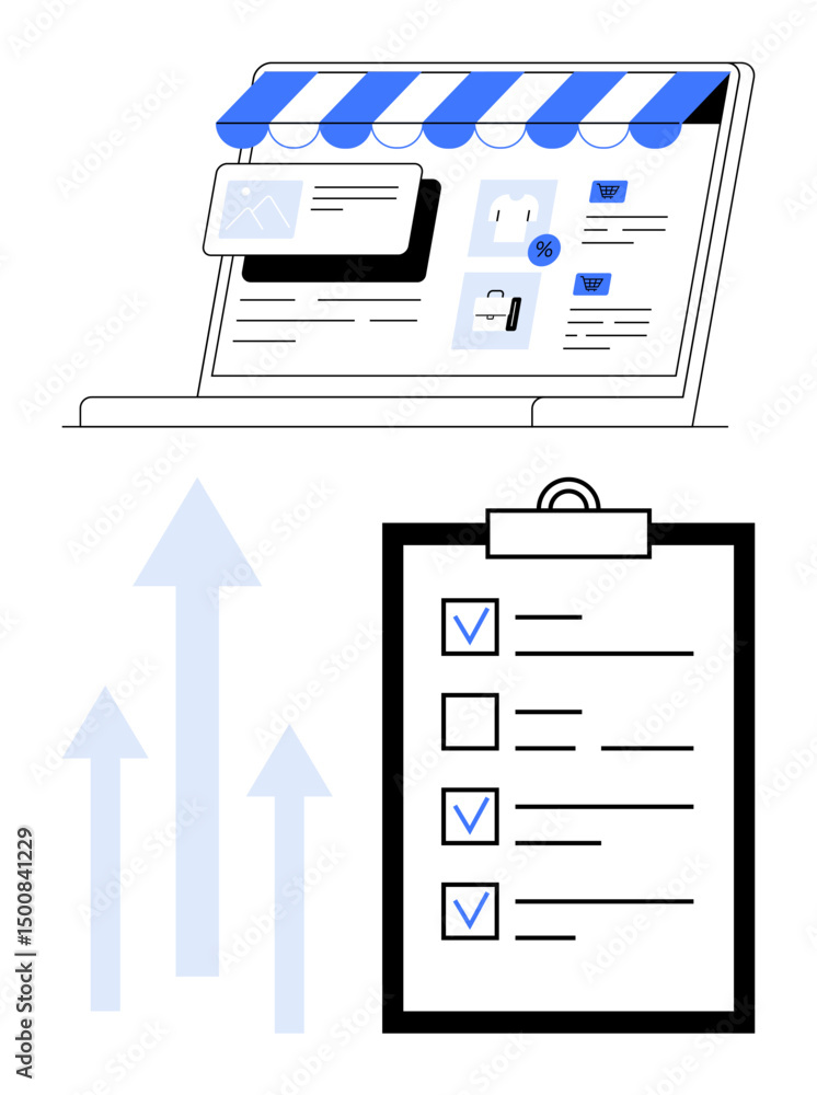 Aufkleber laptop with an online store interface, task checklist on clipboard, and upward arrows. ideal for bus