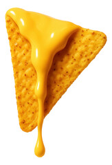 A tortilla chip topped with smooth, melted cheese sauce dripping down the edges.