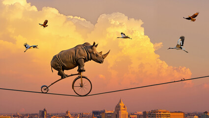 Rhino On Tightrope Over City