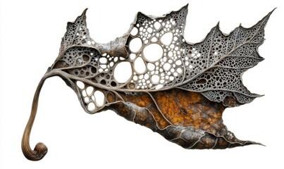 Intricate leaf skeleton, autumn colors, white background, nature detail, scientific illustration