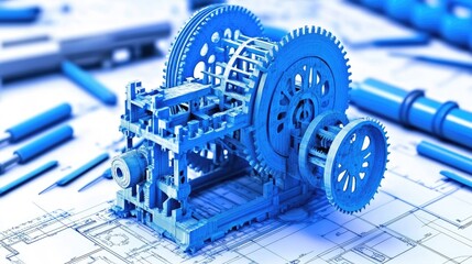 CAD model printed on blueprint paper with metallic drawing instruments laid out