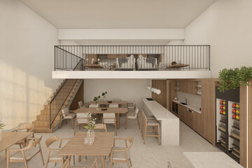 Modern Mediterranean building render. El Garrofí project in Spain with terraces, natural light, and restored historical elements. Ideal for architecture and real estate visuals.