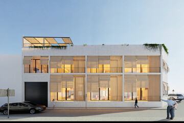 Modern Mediterranean building render. El Garrofí project in Spain with terraces, natural light, and restored historical elements. Ideal for architecture and real estate visuals.