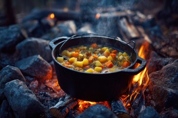 Hearty stew simmers in a cast-iron pot over crackling flames amidst a rock circle in an outdoor setting
