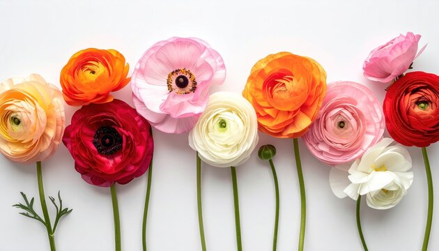 Colorful row of ranunculus flowers, various shades, pinks, reds, oranges, and white, against a clean white backdrop