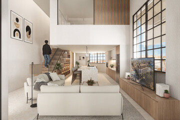 Deluxe residential render of El Garrofí in Alicante, Spain. Mediterranean minimalism, restored façade, terraces, and natural materials. Ideal for urban design and architecture.