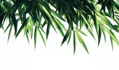 Obraz premium Lush green bamboo leaves, nature border, white background, tranquility, design element