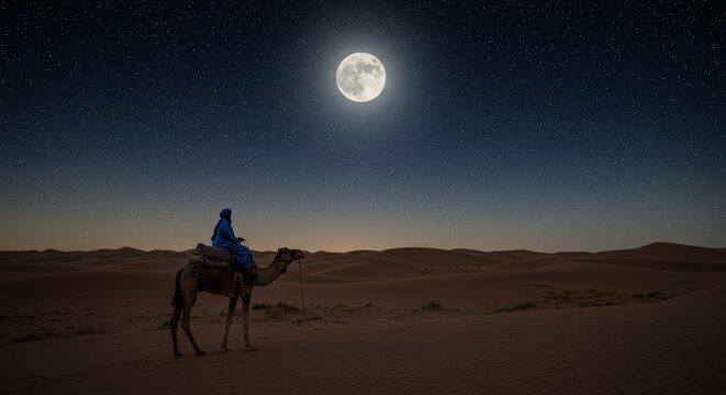 Pixel Art Of A Man On A Camel Under The Night Sky And Full Moon