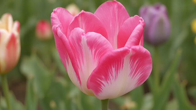 A close-up of a vibrant pink tulip with white accents, showcasing the beauty of spring flowers in a colorful garden.